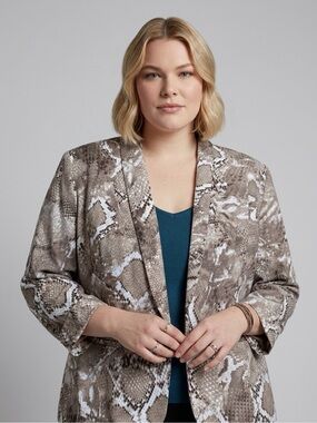 Roz & Ali Brown & White Long Sleeves Snake Like Print Blazer Size 2X